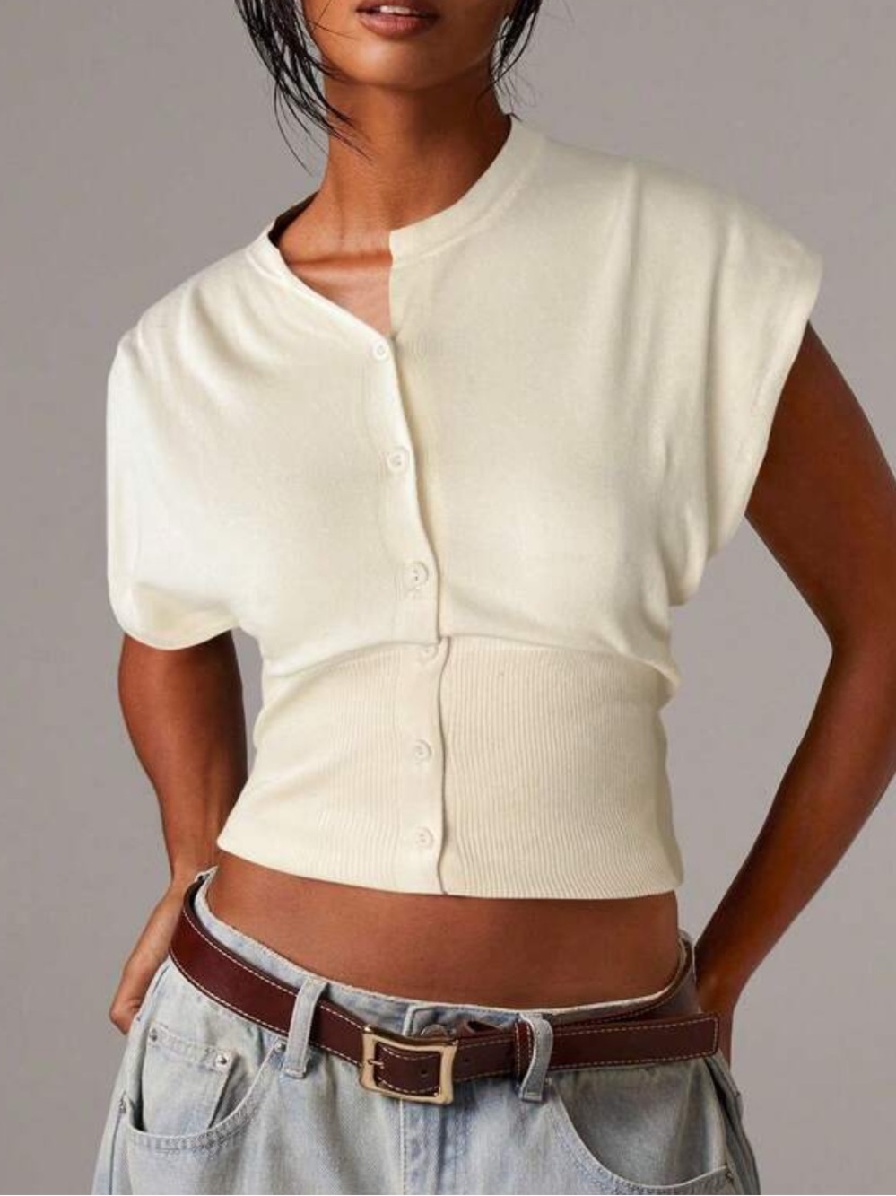 SHEIN Cream Button-Front Ribbed Waist Crop Top
